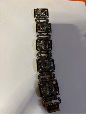 Hand-Painted Floral Link Bracelet in Black with Multicolor Accents